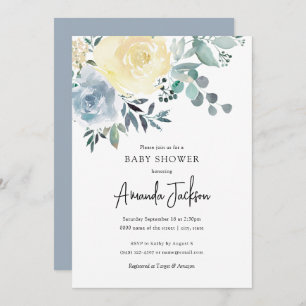Dusty Blue Ivory Floral Greenery Boy Baby shower Kaart