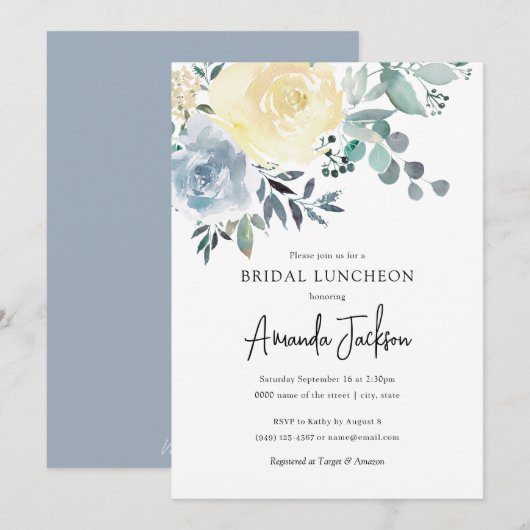 Dusty Blue Ivory Floral Greenery Bridal Luncheon Kaart (Voorkant / Achterkant)