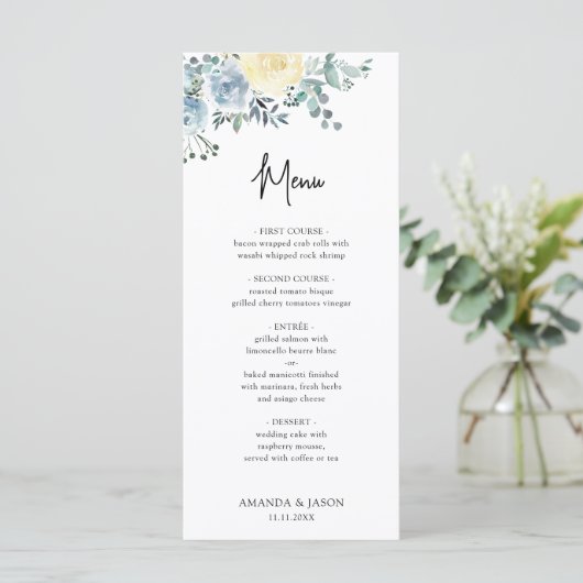 Dusty Blue Ivory Floral Greenery Wedding Menu (Staand voorkant)