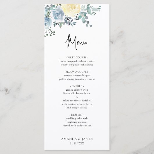 Dusty Blue Ivory Floral Greenery Wedding Menu (Voorkant)
