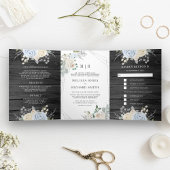 Dusty Blue Ivory Floral in één houtwacht Drieluik Uitnodiging