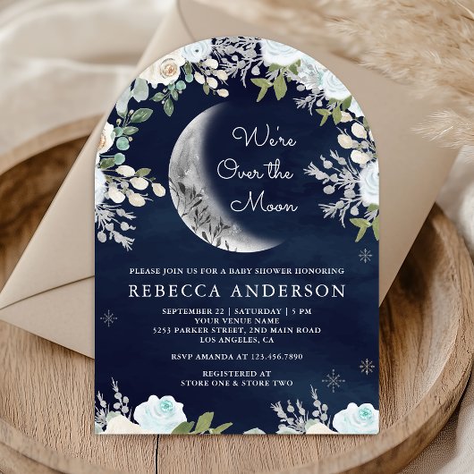 Dusty Blue Ivory Floral Moon Navy Arch Baby shower Kaart