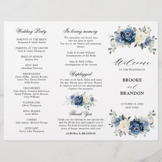 Dusty Blue Ivory Floral Tri-voudig Wedding Program (Voorkant)