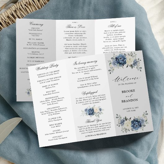 Dusty Blue Ivory Floral Tri-voudig Wedding Program
