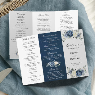 Dusty Blue Ivory Floral Tri-voudig Wedding Program
