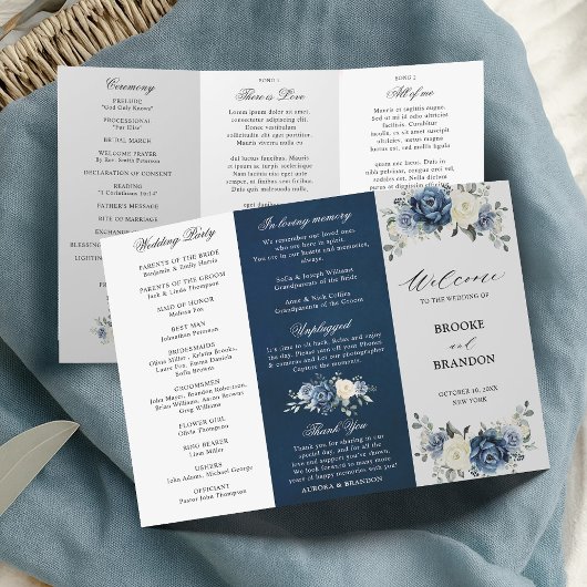Dusty Blue Ivory Floral Tri-voudig Wedding Program
