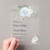 Dusty Blue Ivory Floral Wedding Acryl Uitnodigingen (Insitu (Draagbaar))