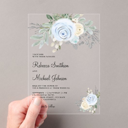 Dusty Blue Ivory Floral Wedding Acryl Uitnodigingen (Insitu (Draagbaar))