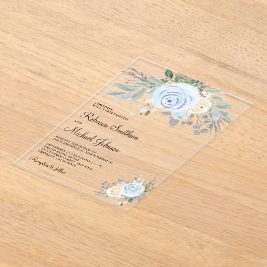 Dusty Blue Ivory Floral Wedding Acryl Uitnodigingen (Laagn)