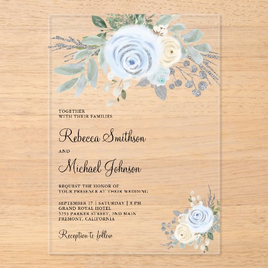 Dusty Blue Ivory Floral Wedding Acryl Uitnodigingen (Voorkant)
