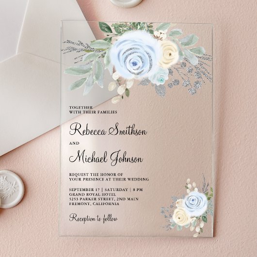 Dusty Blue Ivory Floral Wedding Acryl Uitnodigingen
