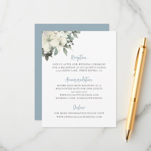 Dusty Blue Ivory Floral Wedding Enclosure Card Informatiekaartje (Voorkant / Achterkant in situ)