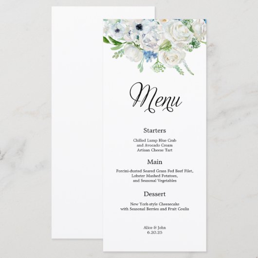 Dusty Blue Ivory Floral Wedding Menu (Voorkant / Achterkant)
