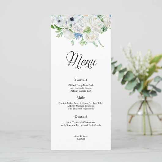 Dusty Blue Ivory Floral Wedding Menu (Staand voorkant)
