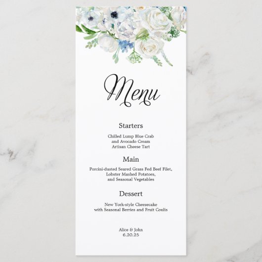 Dusty Blue Ivory Floral Wedding Menu (Voorkant)