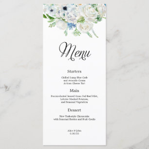 Dusty Blue Ivory Floral Wedding Menu
