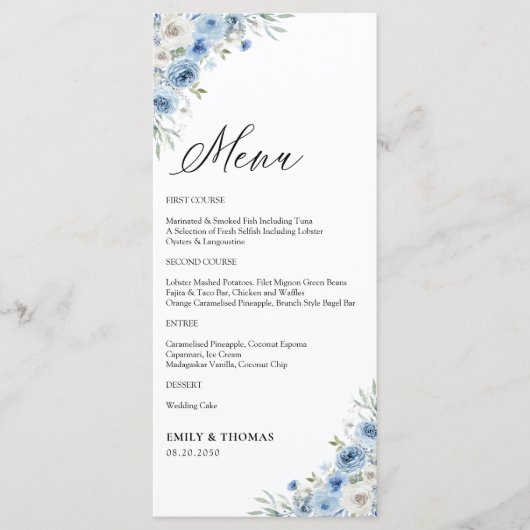 Dusty Blue Ivory Floral Wedding Menu (Voorkant)
