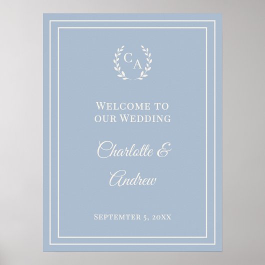 Dusty blue ivory monogrammed wedding welcome poster (Voorkant)