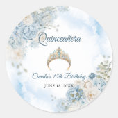 Dusty Blue Ivory Roos Flowers Quinceanera Verjaard Ronde Sticker (Voorkant)