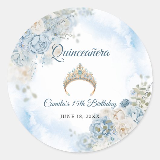 Dusty Blue Ivory Roos Flowers Quinceanera Verjaard Ronde Sticker (Voorkant)