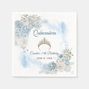 Dusty Blue Ivory Roos Flowers Quinceanera Verjaard Servet