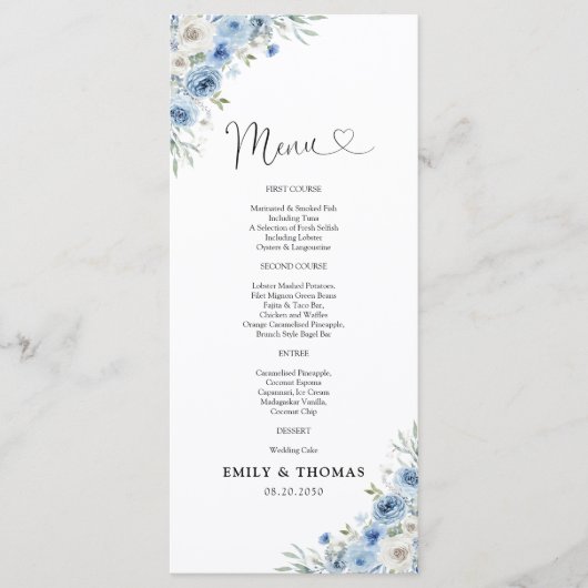 Dusty Blue Ivory Trouwceremonie Menu (Voorkant)