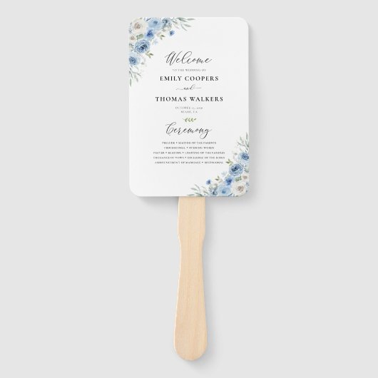 Dusty Blue Ivory Trouwprogramma Hand Fan Handwaaier (Voorkant)