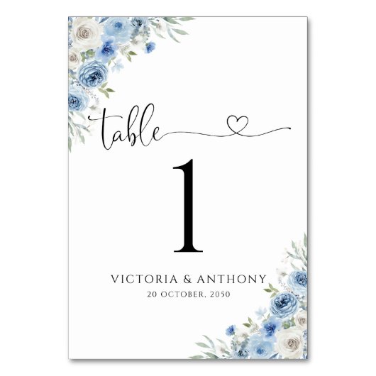 Dusty Blue Ivory Trouwtafel Nummers Kaart (Voorkant)