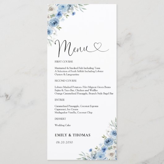 Dusty Blue Ivory Vrijgezellenfeest Menu (Voorkant)