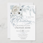 Dusty Blue Ivory Waterverf Peonies Birthday Kaart (Voorkant)
