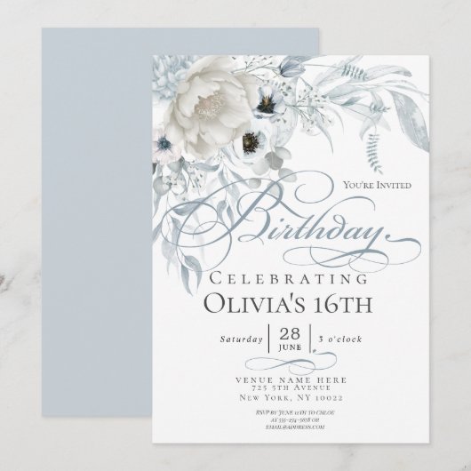 Dusty Blue Ivory Waterverf Peonies Birthday Kaart (Voorkant / Achterkant)