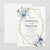 Dusty Blue Ivory White Gold Floral Wedding Invitat Kaart (Voorkant / Achterkant)