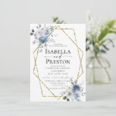 Dusty Blue Ivory White Gold Floral Wedding Invitat Kaart (Staand voorkant)
