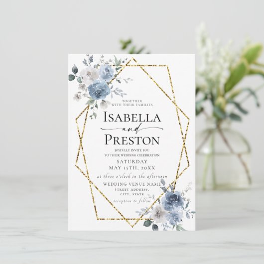 Dusty Blue Ivory White Gold Floral Wedding Invitat Kaart (Staand voorkant)