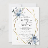 Dusty Blue Ivory White Gold Floral Wedding Invitat Kaart (Voorkant)