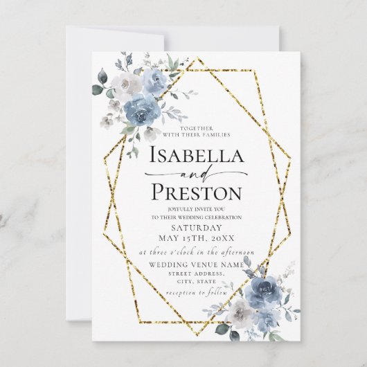 Dusty Blue Ivory White Gold Floral Wedding Invitat Kaart (Voorkant)