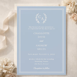Dusty blue ivory wreath monogram luxury wedding  kaart