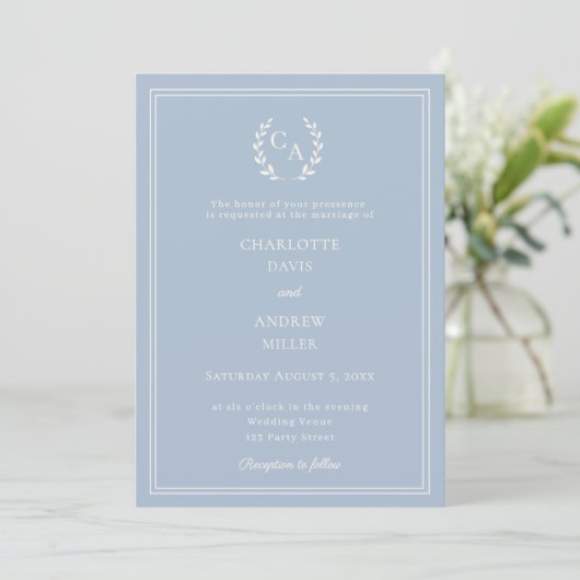 Dusty blue ivory wreath monogram simple wedding  kaart (Staand voorkant)