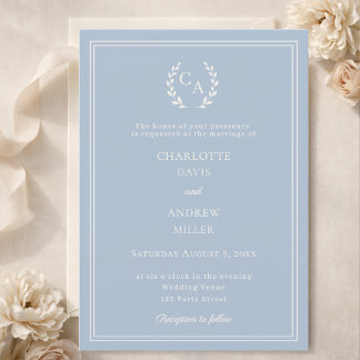 Dusty blue ivory wreath monogram simple wedding  kaart