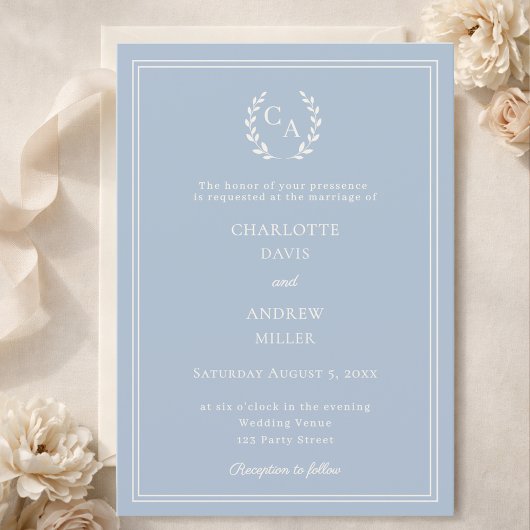 Dusty blue ivory wreath monogram simple wedding  kaart
