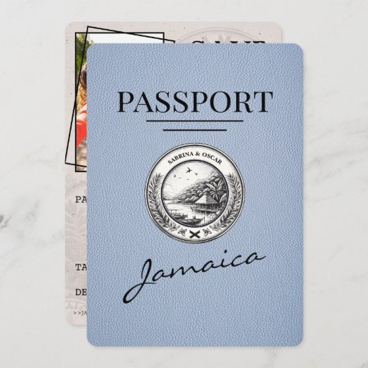 Dusty Blue Jamaica Passport Bewaar de datum Save The Date (Voorkant / Achterkant)