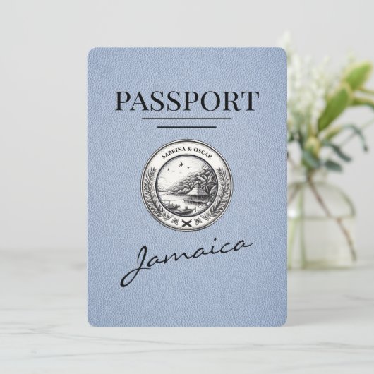 Dusty Blue Jamaica Passport Bewaar de datum Save The Date (Staand voorkant)