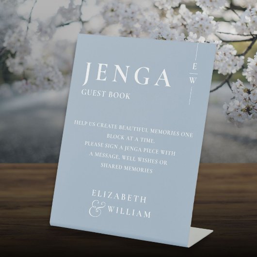 Dusty Blue Jenga Guest Book Minimalistisch Modern Reclamebord Met Voetstuk