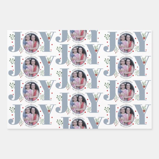 Dusty Blue Joy en berries kerstfeestfoto Inpakpapier Vel (Voorkant 2)