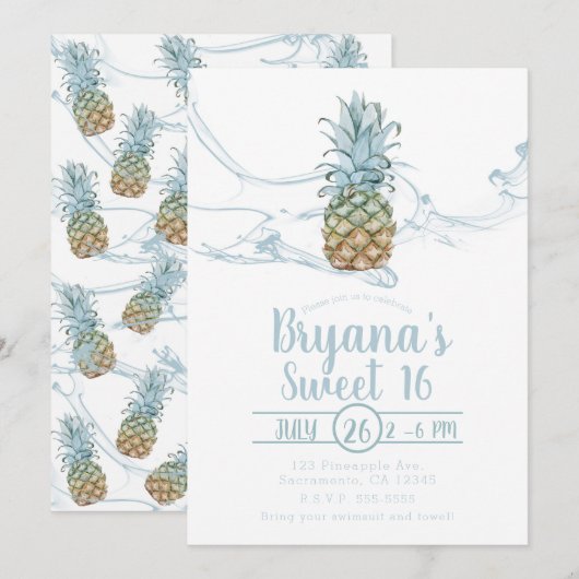 Dusty Blue Juicy Pineapple Summer Sweet 16 Party Kaart (Voorkant / Achterkant)