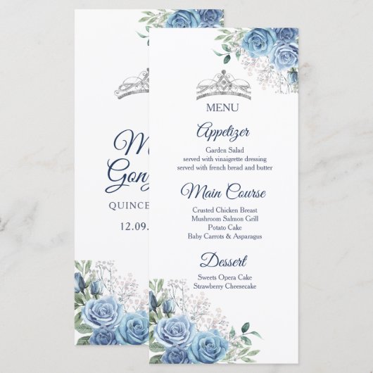 Dusty Blue Jurken Quinceañera Menu Kaart (Voorkant / Achterkant)