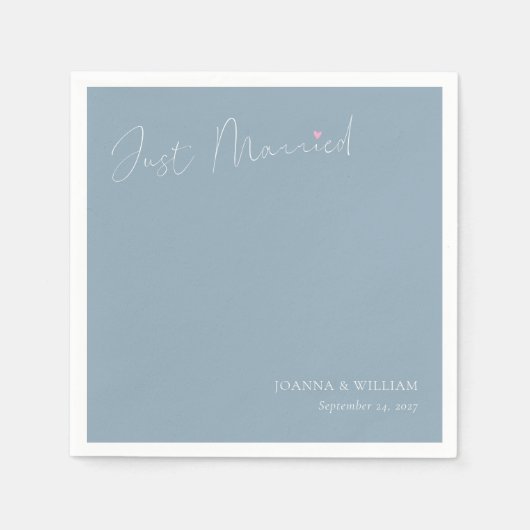 Dusty Blue Just Getrouwd bruiloft servetten met na (Voorkant)