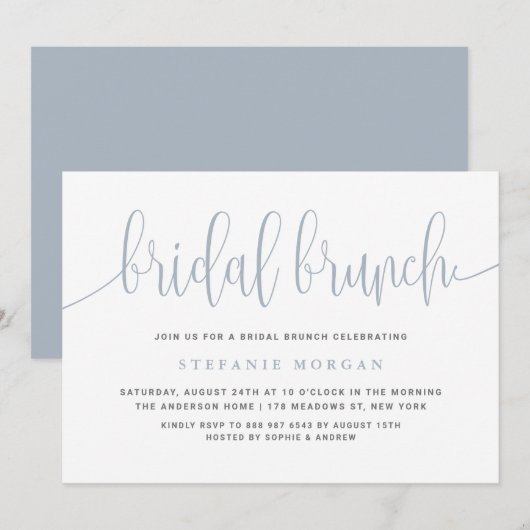 Dusty Blue Kalligrafie Bruids Brunch Kaart (Voorkant / Achterkant)