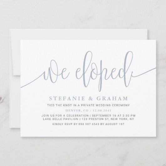 Dusty Blue  Kalligrafie Wedding Elopement Kaart (Voorkant)