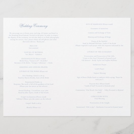 Dusty Blue katholieke Wedding Mass Ceremony Progra (Achterkant)